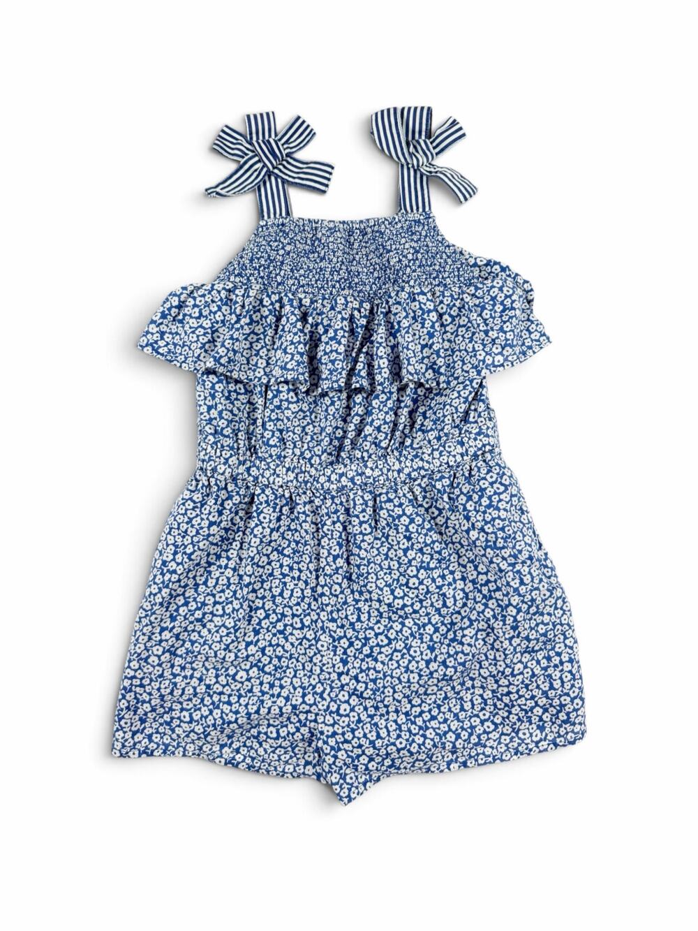 Crewcuts Girls Floral Smocked Bow Strap Romper Blue White Size 8
